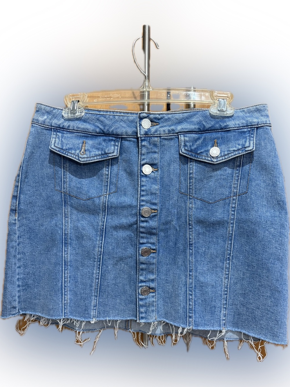 Garage Blue Denim Button-Front Mini Skirt with Frayed Hem L
